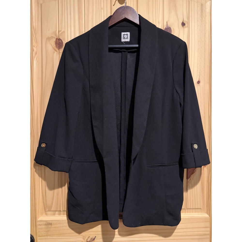 Anne Klein Black Blazer Lapel Open Front Blazer 3/4 Sleeve Gold Button Accent